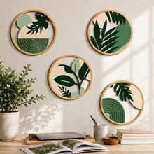1/4pcs Bohemian Style Wooden Round Wall Pediments, Tropical Plant Leaves & Abstract Geometric Patterns Mix, Monstera Leaf Cutout Powder Green Design, Living Room Bedroom Home Decor, Wall Art Decor, Personalized Gift - Multicolor - View 1