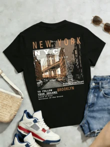 Women's Summer Casual Soft Round Neck Short Sleeve T-Shirt,The New York City Street Print Graphic Fits Spring And Summer Casual Wear. - 黑色 - 查看 5