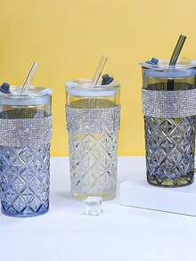 1pc Blue Crystal Glass Cup With Diamond Straw Bottle, Colorful Transparent Glass Cup For Drinks, Water, Coffee, Suitable For Home And Office - Multicolor - View 4