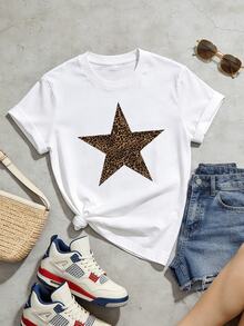 Women's Summer Casual Soft Round Neck Short Sleeve T-Shirt,Leopard Star Print Graphic Suitable For Spring And Summer Wear.Black - 白色 - 查看 5