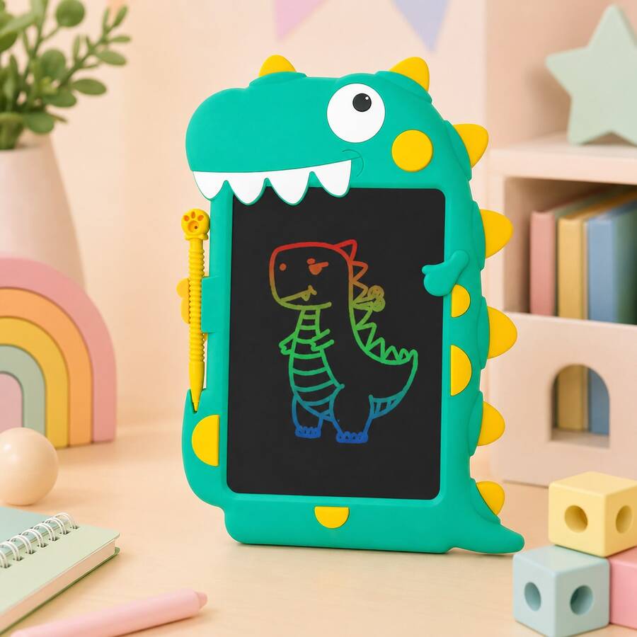 Tableta de Escritura LCD 8.5" Diseño de Dinosaurio, Pantalla LED, Borrado Instantáneo y Bloqueo de Protección, con Juego de Reglas - Verde - Ver 1