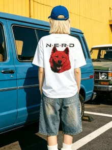 Women's Summer Casual Soft Round Neck Short Sleeve T-Shirt,The Red Wolf NERD Print Graphic Fits Spring And Summer Casual Wear. - Blanco - Ver 2