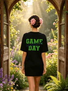 Damen Sommer Lässig Weich Rundhals Kurzarm T-Shirt, Seahawks Spieltag Muster Grafik passt zu Sport Frühling und Sommer Kleidung. - Schwarz - Übersicht 2