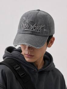 1件中性紐約刺繡棒球帽，復古水洗做舊爸爸帽，毛邊帽沿，輕盈透氣，適合夏季街頭穿搭 - NEW YORK - 查看 3