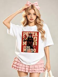 Women's Summer Casual Soft Round Neck Short Sleeve T-Shirt,Lucha Libre Wrestler Zero Miedo Print Graphic Suitable For Spring Summer.Black - White - View 4