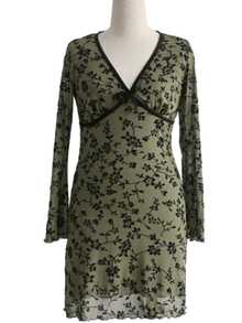 Y2K Floral Velvet Flocked Mesh Long Sleeve Flare Sleeve V-Neck Mini Dress With Bow Detail - Verde Oliva - Ver 7