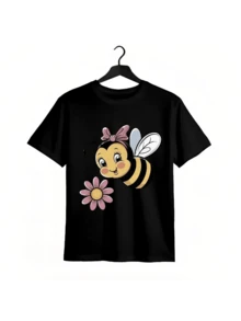 Women's 100% Cotton Casual T-Shirt - Bee And Flower Print, Crew Neck, Short Sleeves, Breathable Summer Top Ideal For Camping And Holiday Gifts, Relaxed Fit For Optimal Comfort In Any Season - 黑色 - 查看 1