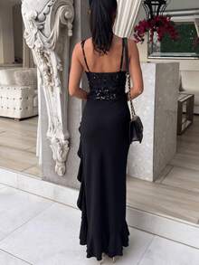 Vestido largo elegante con tirantes finos, volantes asimétricos y lentejuelas - Negro - Ver 5