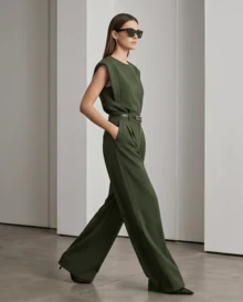 Women's Set: Solid Color Sleeveless Round Neck Top For Summer And Pantaloon Pants With Belt And Bag - 軍綠色 - 查看 3