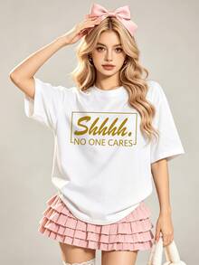 T-shirt casual de verão para mulher, macia, de gola redonda e manga curta, com estampado gráfico dourado "Shhhh No One Cares", adequada para primavera e verão, branca - Branco - Ver 4