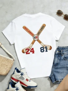 Women's Summer Casual Soft Round Neck Short Sleeve T-Shirt,The Baseball Bat Print Graphic Fits Sporty Spring And Summer Outfits. - Blanco - Ver 5