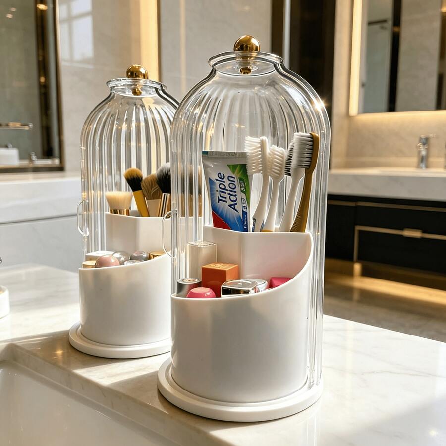 360° Rotating Multifunctional Storage Box With Sliding Lid,Dustproof Bathroom Countertop Toothbrush Holder,Dustproof Bathroom Countertop Organizer,Non-Slip Base Toothpaste & Makeup Brushes Storage Caddy, Space-Saving Vanity Counter Organizer For Bathroom Sink,Premium ABS Plastic Bathroom Organizer Caddy For Home,Dorm & Apartment, Multi-Use Countertop Storage Stand For Toothbrushes,Toothpaste Tubes,Cosmetic Brushes & Small Bathroom Accessories,Easy To Clean Sliding Lid Toothbrush Organizer,Stylish Bathroom Counter Storage Solution For Daily Use,Suitable For Family & Personal Use Bathroom Vanity Organizer - 白色 - 查看 1