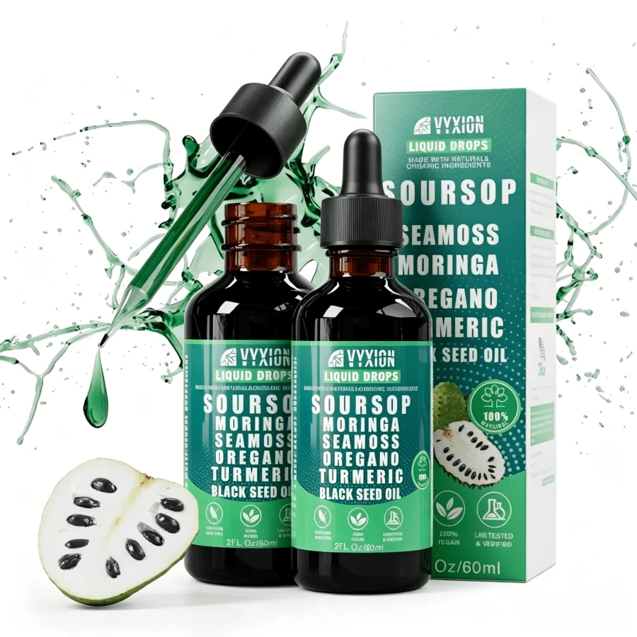 VYXION Pure Soursop 10 In 1 Liquid Drops Extract - Seamoss,Moringa,Black Seed Oil,Turmeric,Oregano Liquid Drops - Healthcare,Fitness,Natural Wellness Blend - 2 chiếc - Xem 1