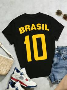 Women's Summer Casual Soft Round Neck Short Sleeve T-Shirt,The Brasil 10 Text Print Graphic Suitable For Spring And Summer Outfits.Black - Black - View 5