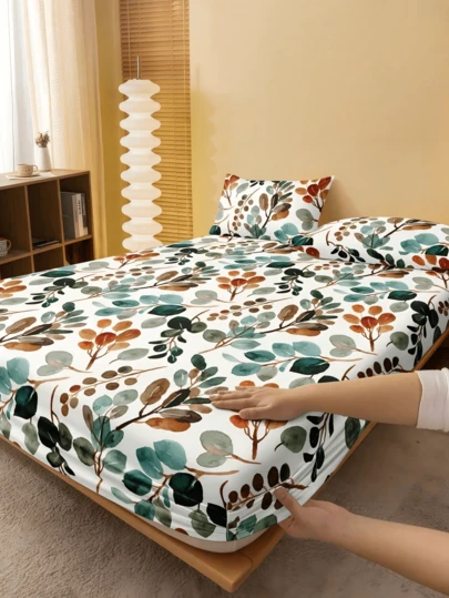1 pièce Drap-housse avec motif floral de branche et feuille d'arbre, protecteur de matelas doux et respirant, s'adapte aux lits de taille Twin, Full, Queen, King jusqu'à 30 cm de profondeur, résistant aux plis, améliore la qualité du sommeil, lavable en machine