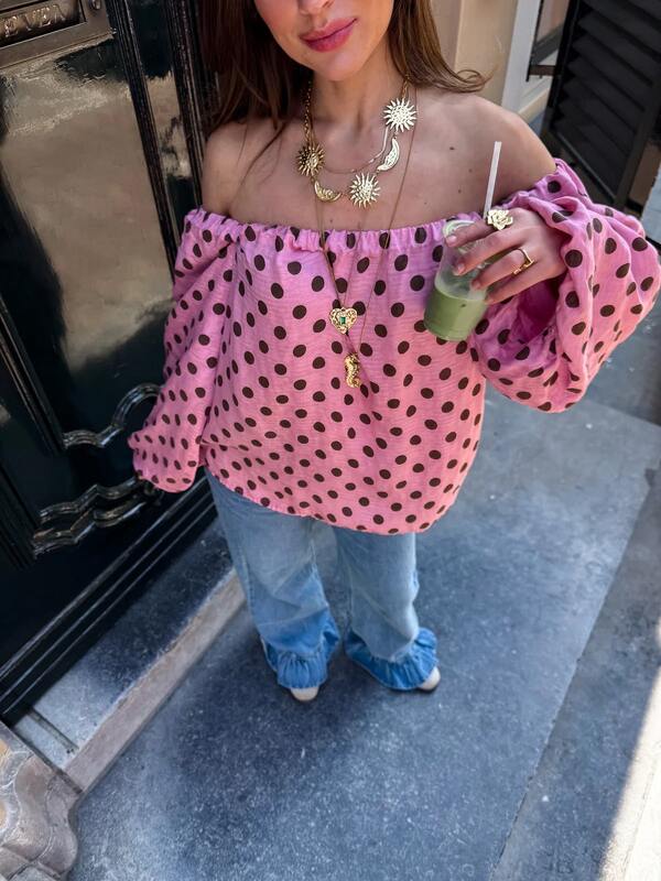 Women's Off-Shoulder Ruffle Polka Dot Blouse, Pink Flared Asymmetrical Hem Long Puff Sleeve Top, Suitable For Spring Wear, Bohemian Style