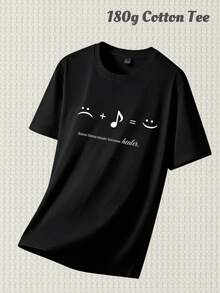 Men's 180g Cotton T-Shirt, "Music Heals" Face Equation Graphic Tee, Minimalist Music Lover Streetwear Top, S-3XL, Gift For Music Fans & Mood Boost Enthusiasts, Men Clothes, Mens Clothing, Men Summer Outfit, Graphic T Shirt - Black - View 2