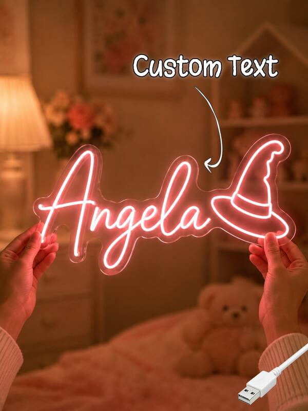 Letrero de neón personalizado con nombre en caligrafía elegante decorado con sombrero de mago, luz LED rosa suave. Adecuado para decoración de pared y escritorio en dormitorios de niñas y habitaciones con temática de Halloween. Alimentado por USB, un regalo de cumpleaños único para niñas pequeñas y amantes de la magia