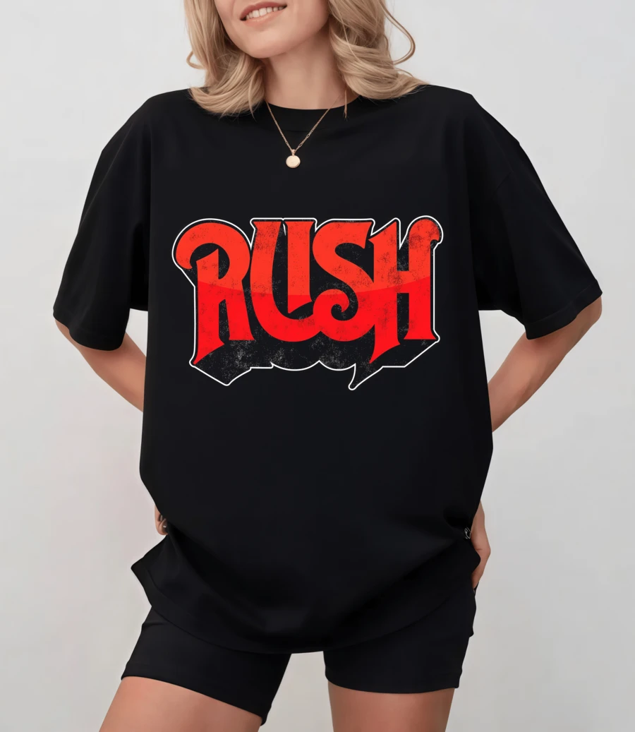 Rush Logo Print T-Shirt With A Vintage Distressed Effect, Unisex Casual Top In Progressive Rock Style - Black - View 1