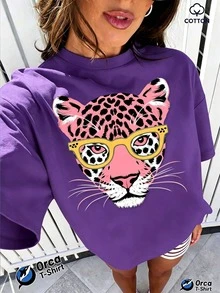 2026 New Women's Ocean Resort Style Short Sleeve T-Shirt, 100% Cotton Loose Fit, Colorful Tropical Fish And Starfish Decorative Print, Breathable And - 紫色 - 查看 8