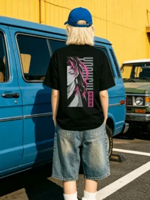 Women's Summer Casual Soft Round Neck Short Sleeve T-Shirt,The Pink Hair Anime Character Print Graphic Fits Spring And Summer Wear. - Black - View 2