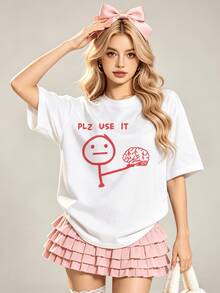 Women's Summer Casual Soft Round Neck Short Sleeve T-Shirt,Red PLZ USE IT Print Graphic Suitable For Spring Summer.White - White - View 4