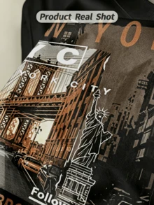 Women's Summer Casual Soft Round Neck Short Sleeve T-Shirt,The New York City Street Print Graphic Fits Spring And Summer Casual Wear. - 黑色 - 查看 3