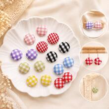 10pcs Mixed Plaid Fabric Heart/Round/Flower Decorative Buttons/Patches, Handmade DIY Earrings, Headwear, Phone Case, Sewing Accessories, Apparel Trims, Plush Craft Buttons - A - View 2