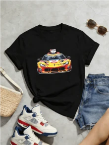 Women's Summer Casual Soft Round Neck Short Sleeve T-Shirt,Colorful Racing Car Print Graphic Suitable For Spring Summer.White - Black - View 5