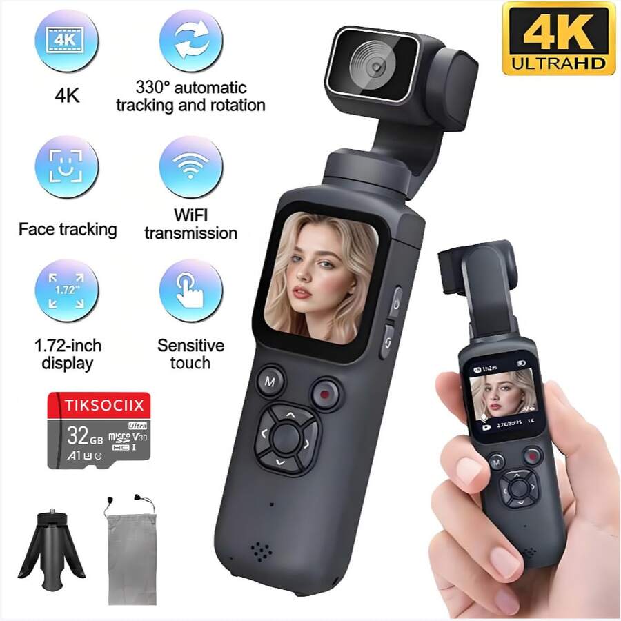 Portable Handheld 4K HD Action Camera With Smart Gimbal Stabilizer, Fast Autofocus & Tracking, Compatible With Tripod, Suitable For Video Recording, Drone Photography, Home Use, Travel Shooting, Live Streaming, Face/Object Tracking, And SD Card Recording - View 1