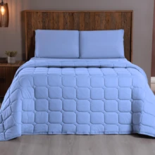 Double Bedspread Set, 100% Cotton Knit, 3 Pieces - Light Blue - View 2