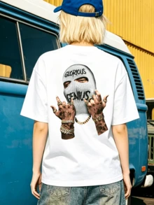 T-shirt d'été décontracté pour femmes, col rond doux, manches courtes, imprimé graphique Glorious Genius Ski Mask, convient pour le streetwear du printemps et de l'été. - Blanc - Voir 4