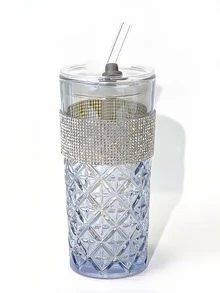 1pc Blue Crystal Glass Cup With Diamond Straw Bottle, Colorful Transparent Glass Cup For Drinks, Water, Coffee, Suitable For Home And Office - Multicolor - View 13