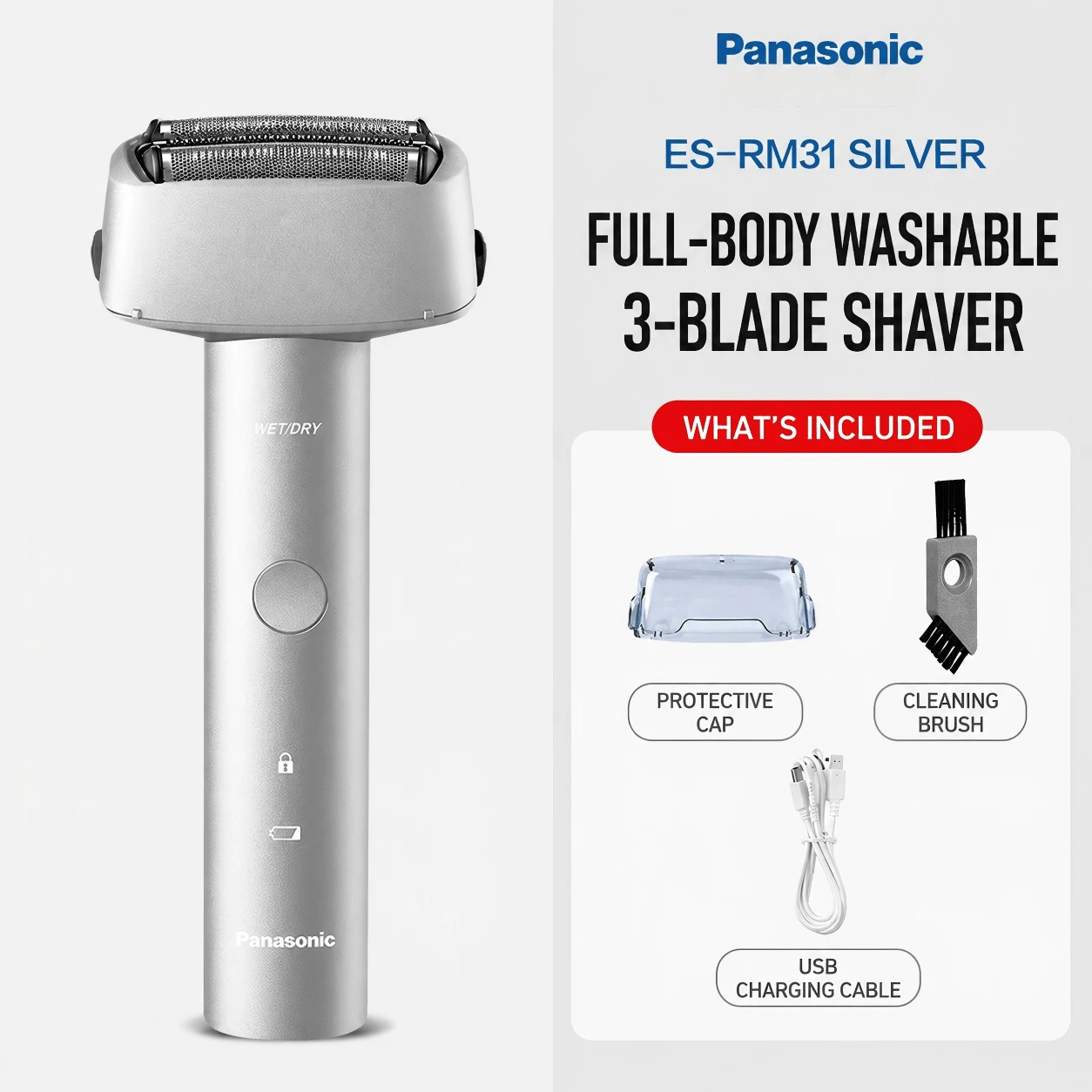 Panasonic ES-RM31 男用充電式電動刮鬍刀,3 刀片往復式刮鬍刀,Type-C 充電,浮動刀頭,乾濕兩用 - 銀色 - 查看 1