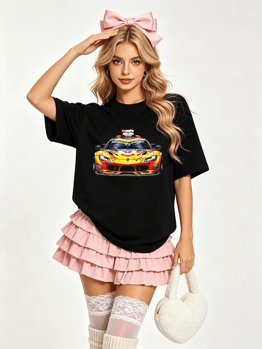 Women's Summer Casual Soft Round Neck Short Sleeve T-Shirt,Colorful Racing Car Print Graphic Suitable For Spring Summer.White - Black - View 1