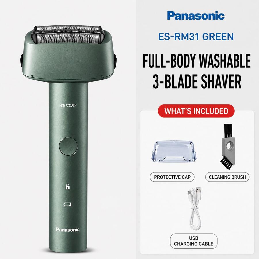 Panasonic ES-RM31 男用充電式電動刮鬍刀，3 刀片往復式刮鬍刀，Type-C 充電，浮動式刀頭，乾濕兩用 - 綠色 - 查看 1