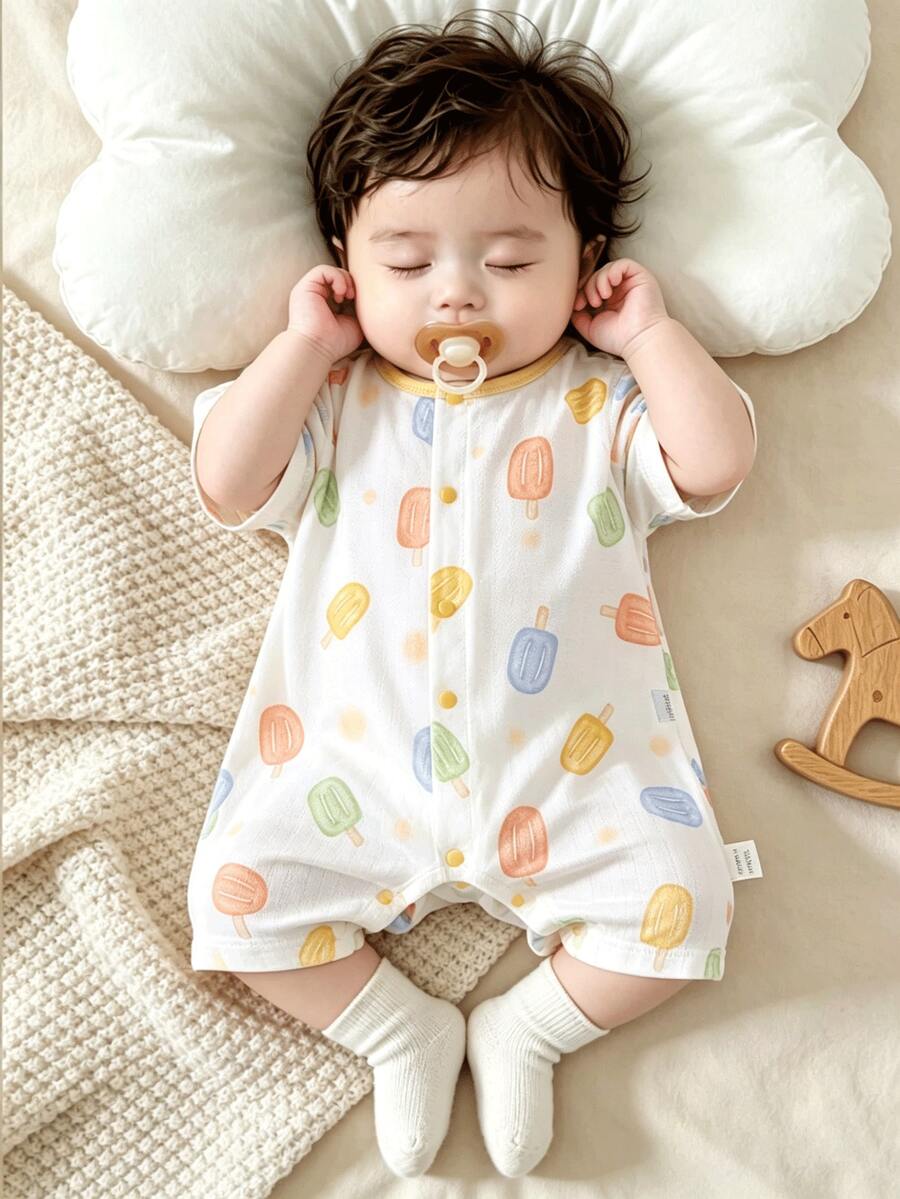 1pc Newborn Baby Clothing, Baby Apparel, All-Over Colorful Ice Cream Print, Lightweight Baby Short Sleeve Romper, Suitable For Summer - Multicolor - View 1
