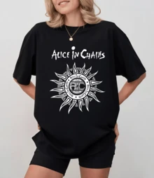 Alice In Chains Cropped T-Shirt With Classic Sun Logo Print, 90s Grunge Style For Unisex Fans - Black - View 6