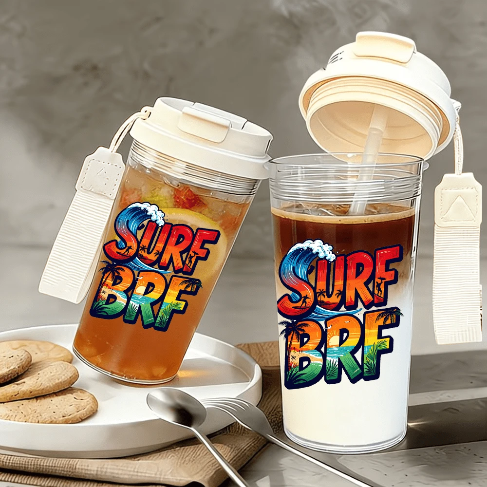 1/5 Stücke 17oz Sommer SURF BRF Surf-Stil bedruckter Doppel-Getränkebecher, auslaufsicherer Becher mit Schlüsselband, tragbarer Becher für Studenten & Arbeiter, Outdoor Reisen Sport Pendeln, lebhaftes tropisches ideales Geschenk für Festival & täglichen Gebrauch - surfen - Übersicht 1