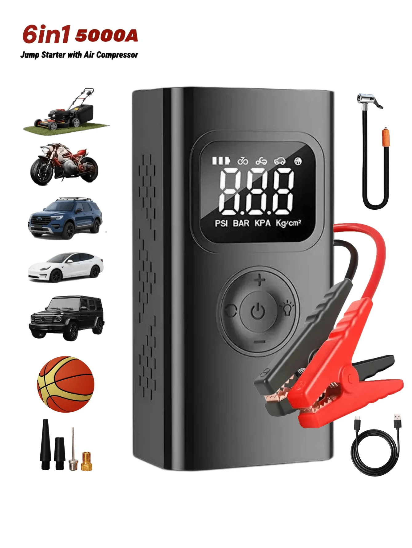 Jump Starter Portabel 150PSI dengan Kompresor Udara, Pengisi Daya Aki Mobil Otomatis 12V, Kabel Jumper, Lampu LED & Layar LCD, Pengisian Cepat, SUV, Sepeda Motor, Bola dan Lainnya, Alat Penghidup Kendaraan, Jump Starter untuk Mobil