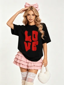 Women's Summer Casual Soft Round Neck Short Sleeve T-Shirt,Red "LOVE" Wavy Text Print Graphic Suitable For Spring Summer.Black - Black - View 10