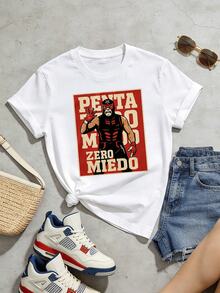 Women's Summer Casual Soft Round Neck Short Sleeve T-Shirt,Lucha Libre Wrestler Zero Miedo Print Graphic Suitable For Spring Summer.Black - White - View 5