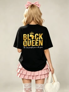 Camiseta de manga corta con cuello redondo suave y casual para mujer, con estampado gráfico del mapa de África, ideal para primavera y verano. - Negro - Ver 2