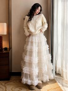 Personalized Sweet & Cool Mesh Patchwork Layered Cake Skirt, Slouchy Vibe Atmosphere Long Skirt, - Multicolor - View 4