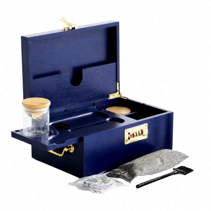 RTVGGJM Bamboo Storage Box With Combination Lock, Multi-Compartment Organizer With Hidden Drawer,Storage Case For Jewelry & Personal Items, Decorative Home Organizer For Office & Kitchen - 藍色 - 查看 1