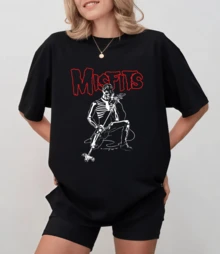 The MMisfits Skeleton Singer Print T-Shirt, Unisex Casual Top, Horror Punk Style - Black - View 8