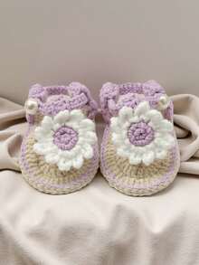 1 Pair Handmade Infant Sandals, Crochet Daisy Flower Design, Yellow & White Color, Pearl Button Detail - Mauve Purple - View 3