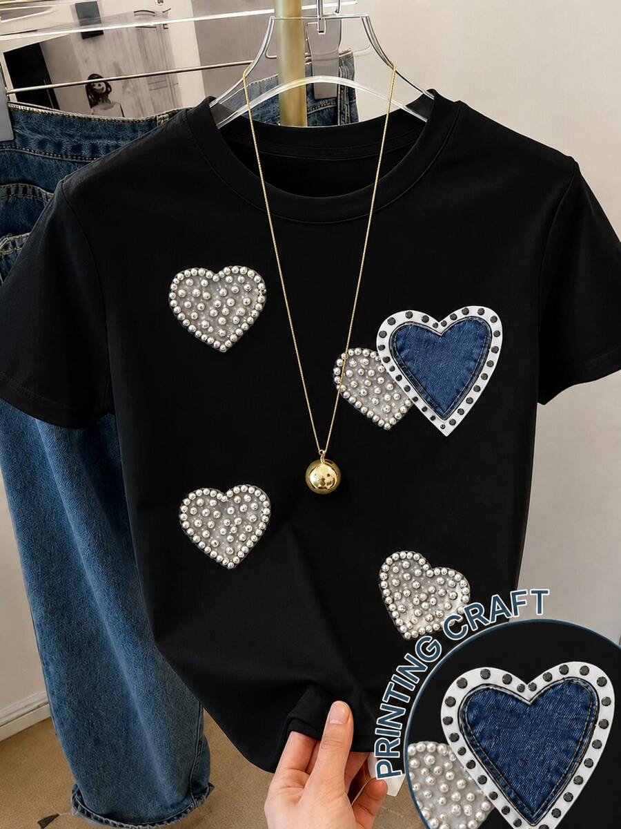Women's Short-Sleeved Printed T-Shirt, Spring Clothing, Holiday Outfit, White For Summer, Beach Look, Vacation Style, Country Style, Women's Office Outfit. - 黑色 - 查看 1