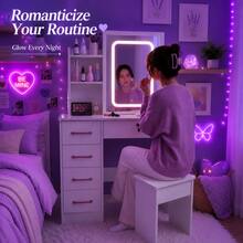 Vanity Desk Set With LED Lighted Mirror, Cute Y2K Makeup Vanity Table With Lockable Storage Drawer, Open Shelves & Matching Stool, Aesthetic Dressing Table For Girls Teens Women, Space Saving Bedroom Dorm Furniture, Perfect Gift For Her - White - View 10