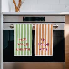 2pcs Minimalist Striped Italian Blessing Text Pattern Kitchen Towels, 40*60cm Soft Microfiber Material Tea Towels, Suitable For Home Kitchen Restaurant Outdoor Camping Tabletop Cleaning Dishcloth Hand Towel Accessories Holiday Gift - Multicolor - View 6